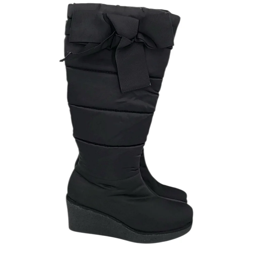 Kate Spade New York Cagney Quilted Bow Wedge Boot Black Satin Women's‎ Size 6 M